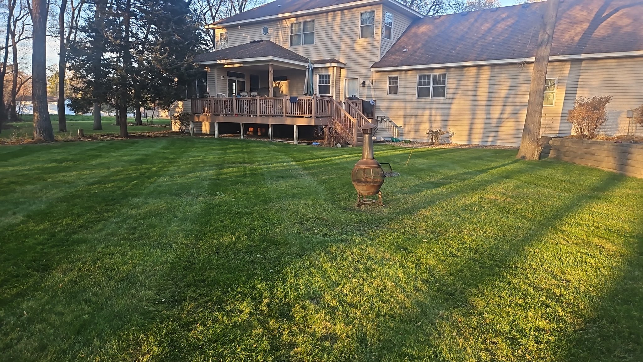 Backyard with a wooden deck and a green lawn in warm evening light